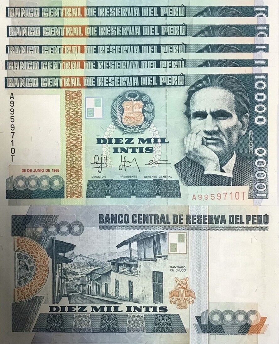 Peru 10000 Intis 1988 P 140 AUnc LOT 5 PCS