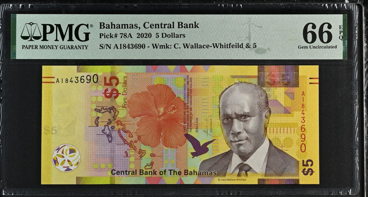 Bahamas 5 Dollars 2020 P 78A Gem UNC PMG 66 EPQ
