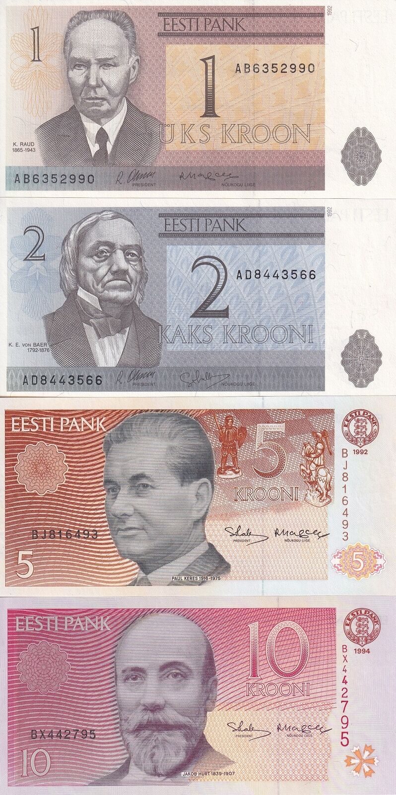 Estonia SET 4 PCS 1 2 5 10 Krooni 1992-1994 P 69 P 70 71 77 UNC
