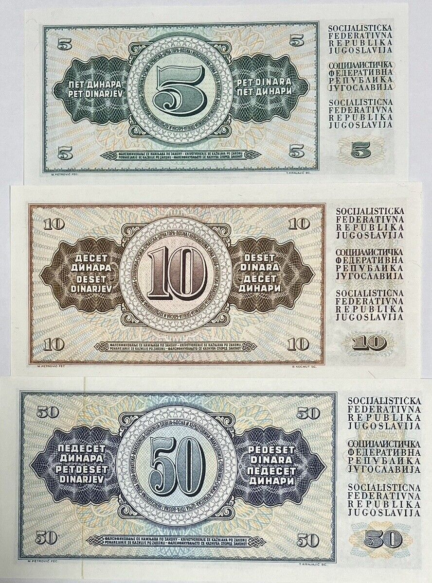 Yugoslavia Set 3 Pcs 5 10 50 DINARA 1968 P 81 P 82 P 83 UNC