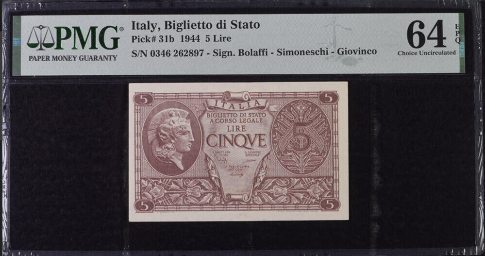 Italy 5 Lire 1944 P 31 b Choice UNC PMG 64 EPQ