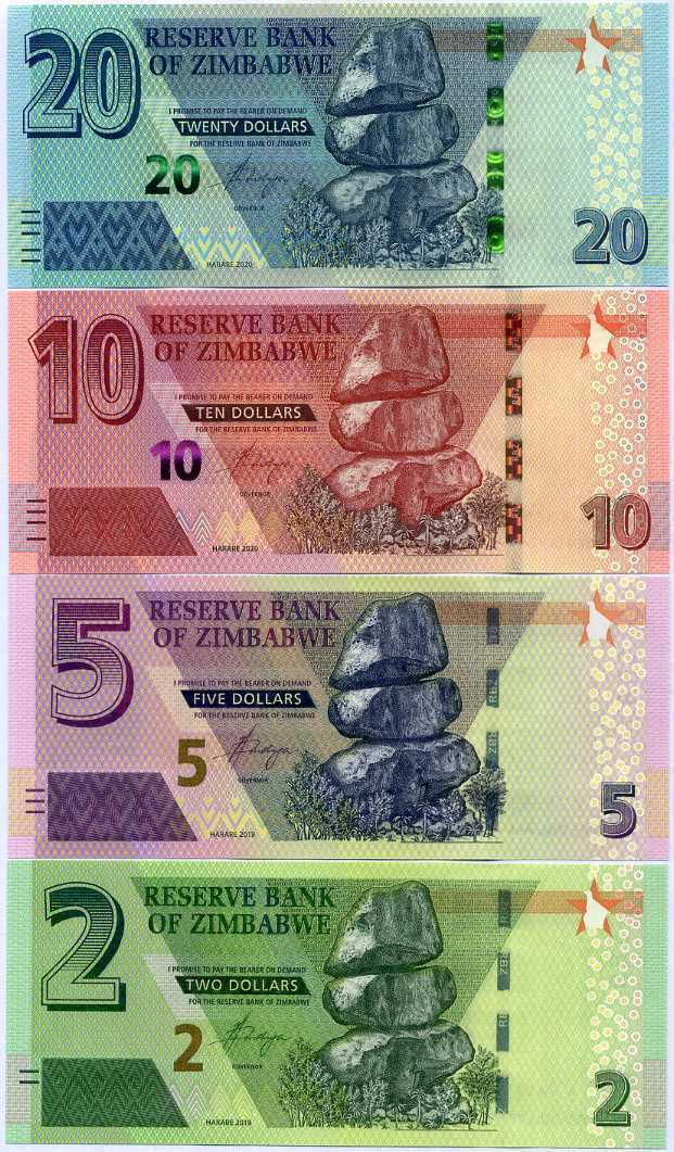 Zimbabwe Set 4 Pcs 2 5 10 20 Dollars 2019 2020 P 101 102 103 104 UNC