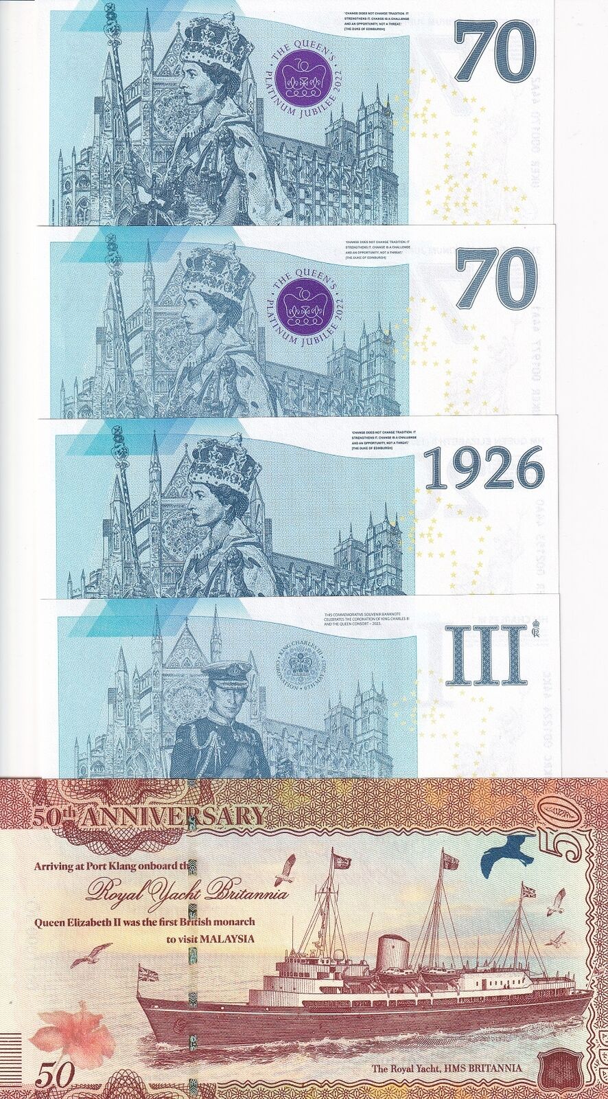 Great Britain Set 5 UK 2023 HM King Charles III & QE II Comm. Test Note Malaysia