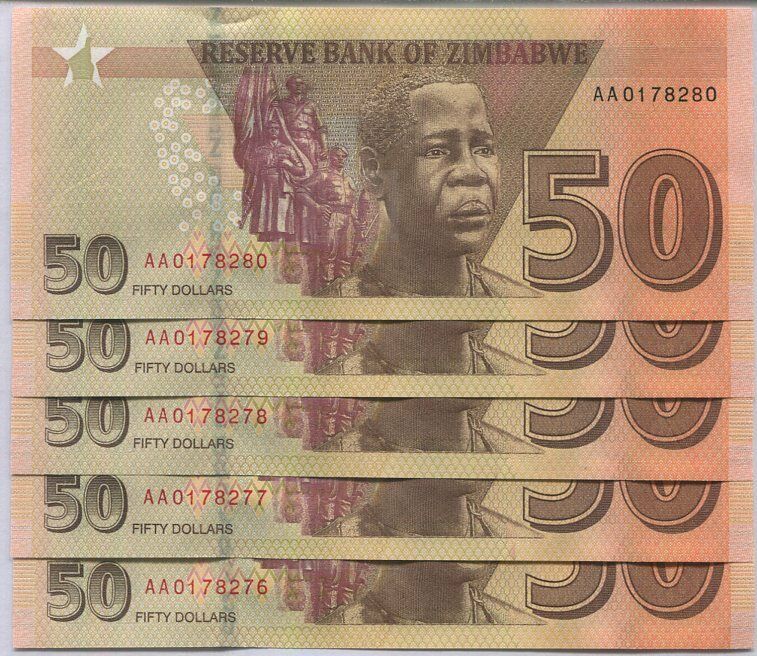 Zimbabwe 50 Dollars 2020/2021 P 105 UNC Lot 5 Pcs