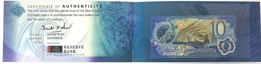 New Zealand 10 Dollars 2000 200th COMM. P 190 b UNC W/ Folder