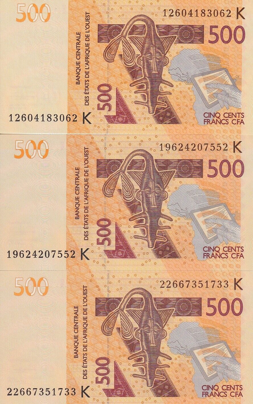 West African States Senegal Set 3 Pcs 500 2012 2019 2022 P 719Ka 719K UNC