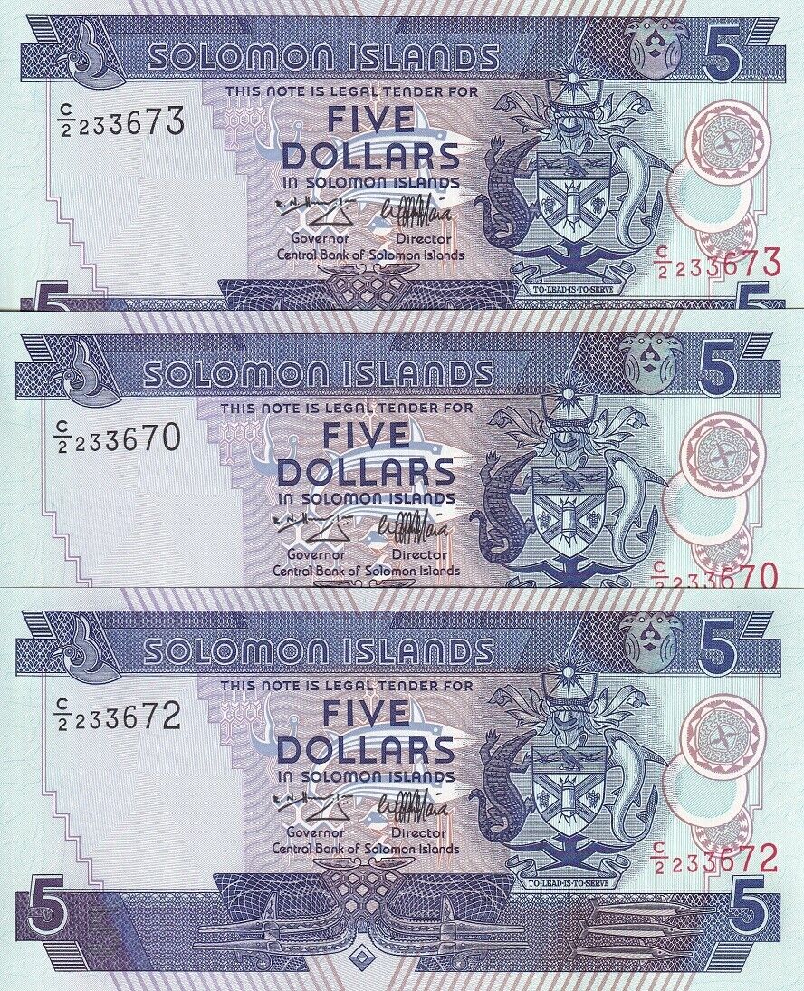 Solomon Islands 5 Dollars ND 1997 C/2 PREFIX P 19 UNC LOT 3 PCS