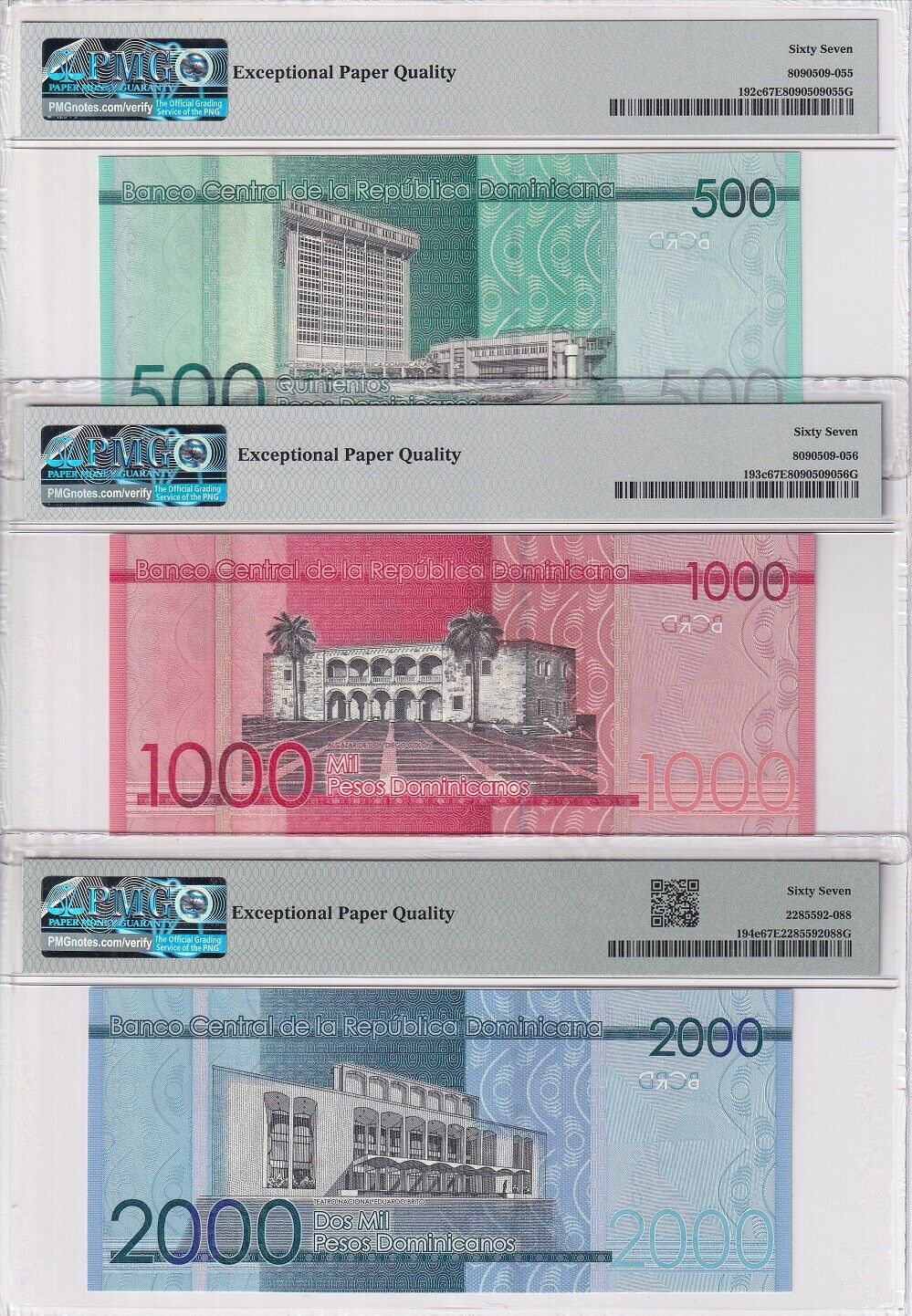Dominican Set 6; 50-200 500-2000 Pesos 2016-21 P189- 194 Superb Gem UNC PMG 67