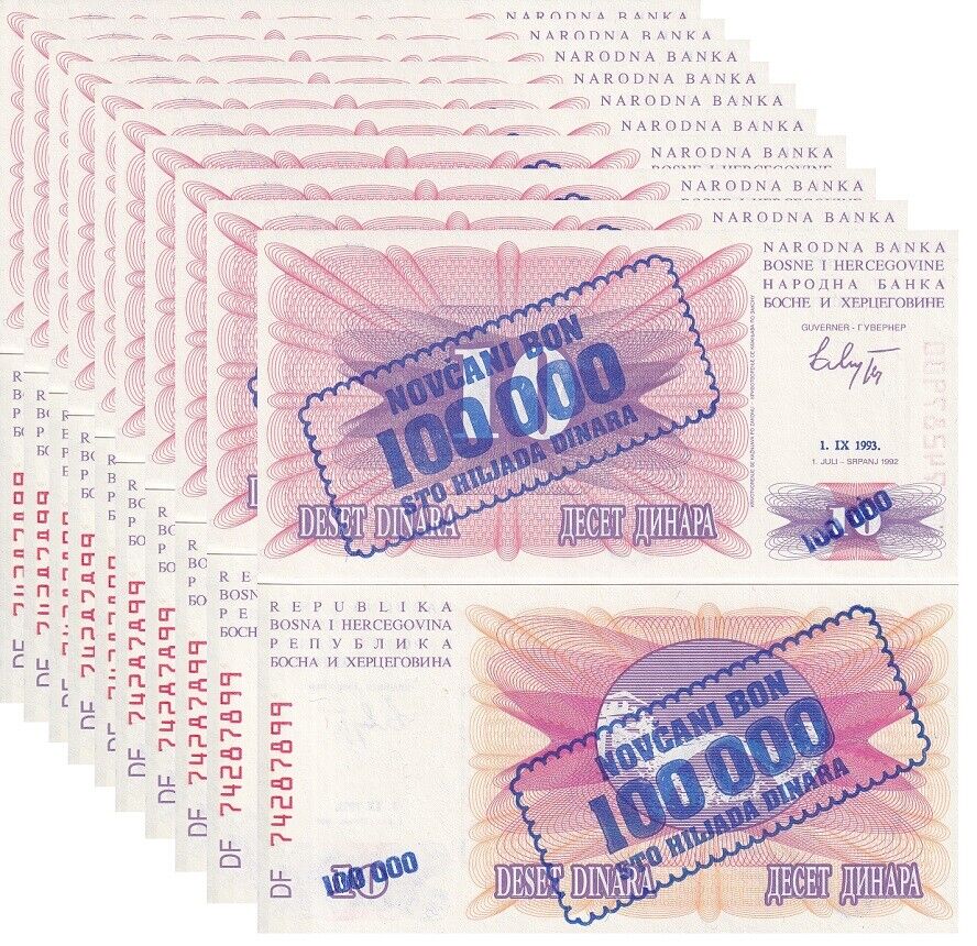 Bosnia 100000 on 10 Dinara 1993 (1992) P 34 a UNC LOT 10 PCS