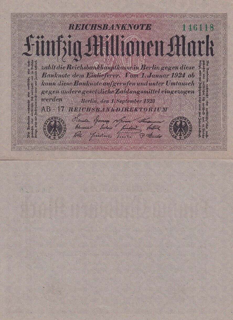 Germany 50 Millionen Mark Republic Treasury 1923 P 109 a UNC