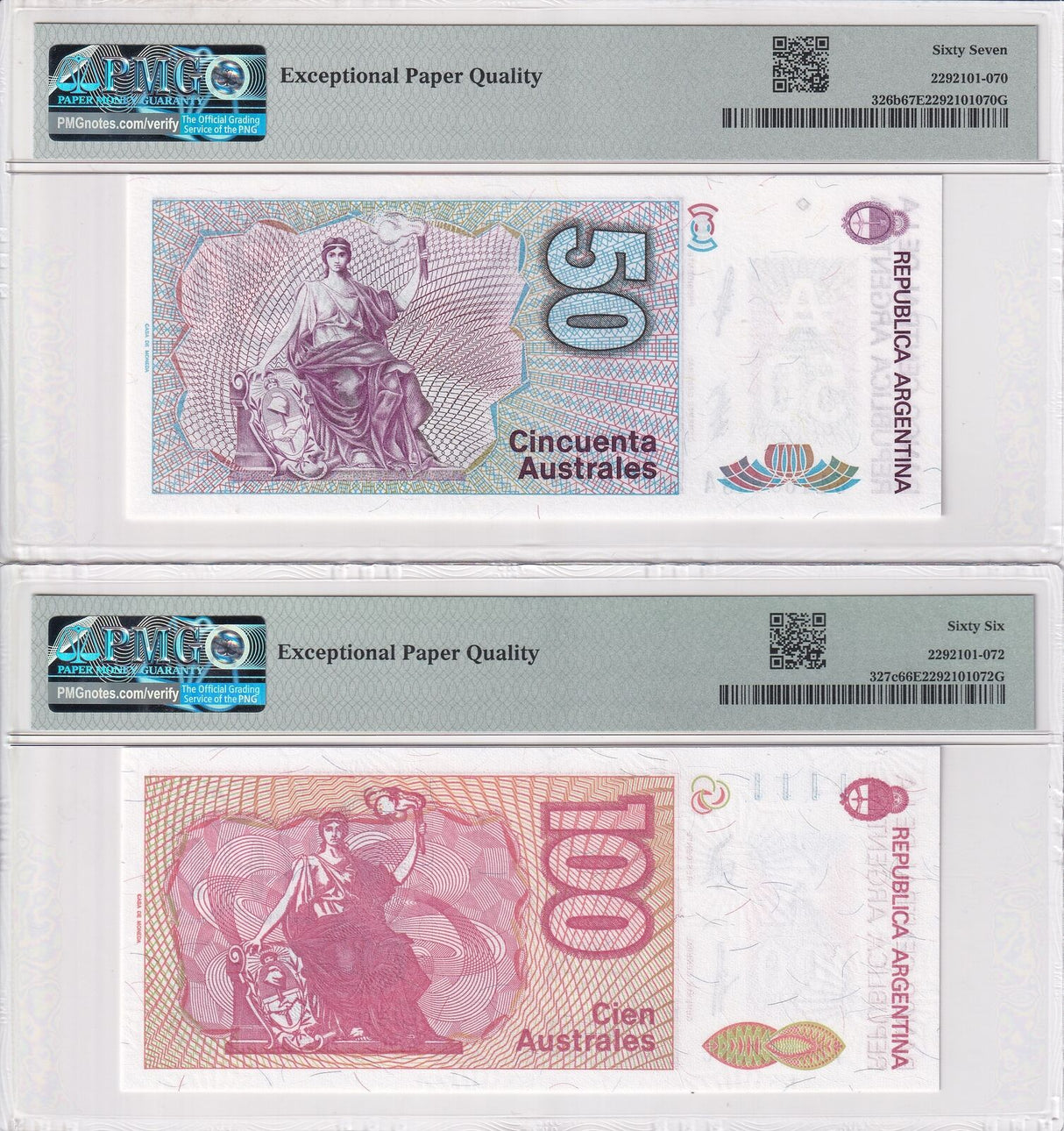 Argentina Set 5; 1-10 50 100 Aus ND 1985 P323-P327 Superb Gem UNC PMG 65-67 EPQ