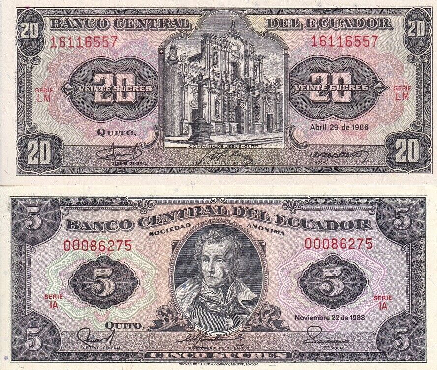 Ecuador Set 2 Pcs 5 20 Sucres 1998 P 113 P 121A UNC