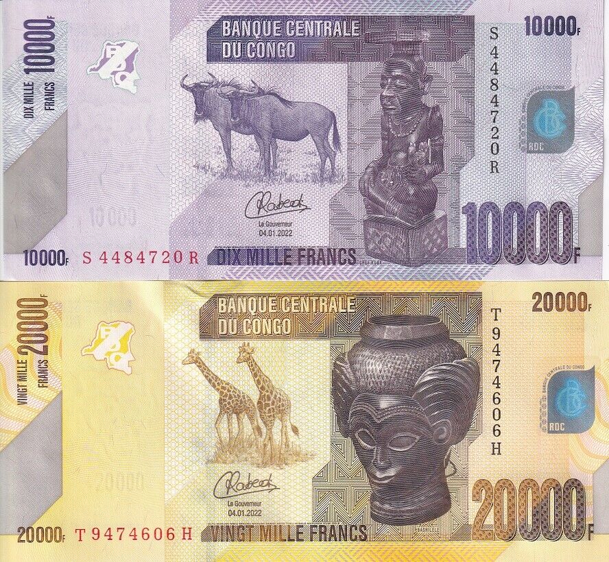 Congo SET 2 PCS 10000 20000 Francs 2022/2023 P 103 104 d NEW Sign UNC