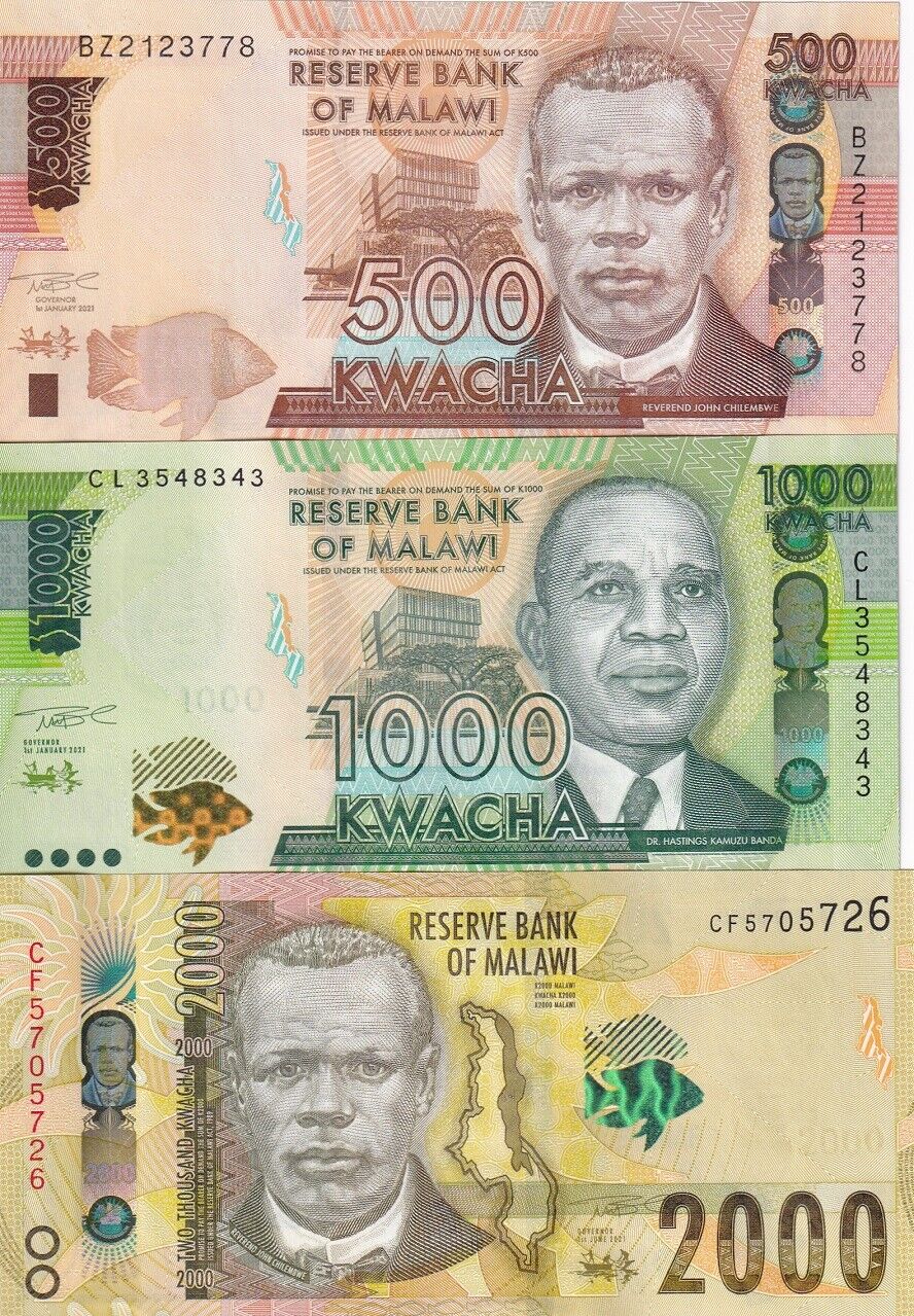 Malawi Set 3 pcs 500 1000 2000 Kwacha 2021 P 66 P 67 P 69 UNC