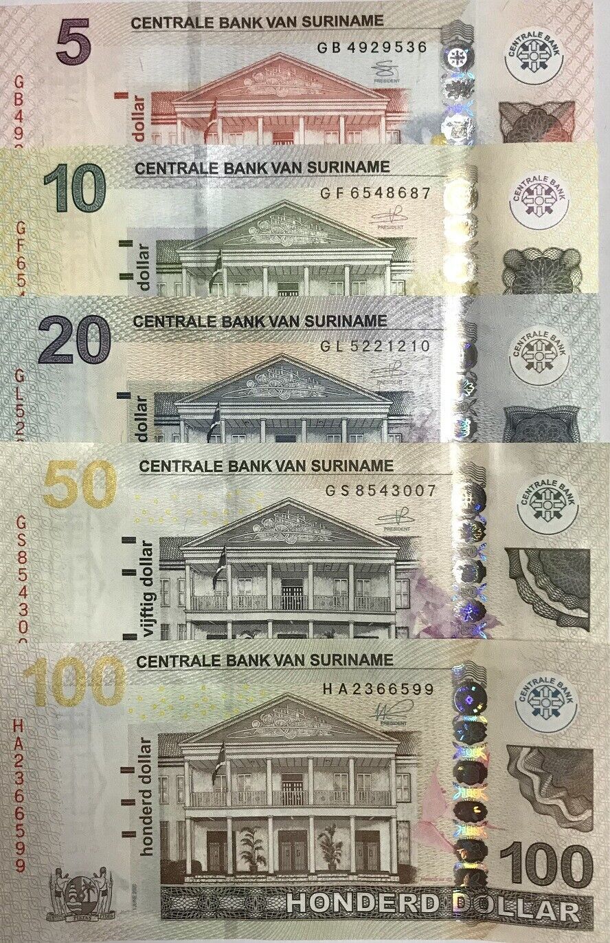 Suriname Set 5 Pcs 5 10 20 50 100 Dollars 2012-2020 P 162 163 164 165 166 UNC