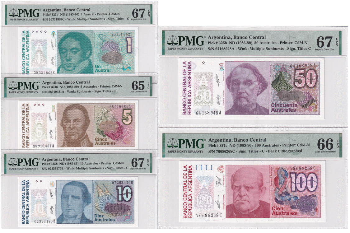 Argentina Set 5; 1-10 50 100 Aus ND 1985 P323-P327 Superb Gem UNC PMG 65-67 EPQ