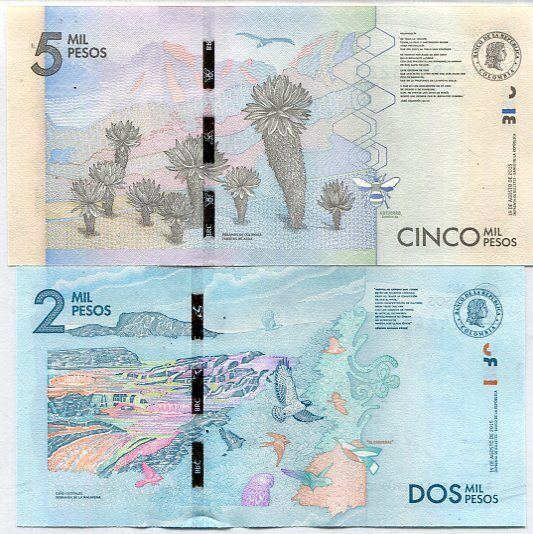 Colombia Set 2 Pcs 2000 5000 PESOS Random Date P 458 459 UNC