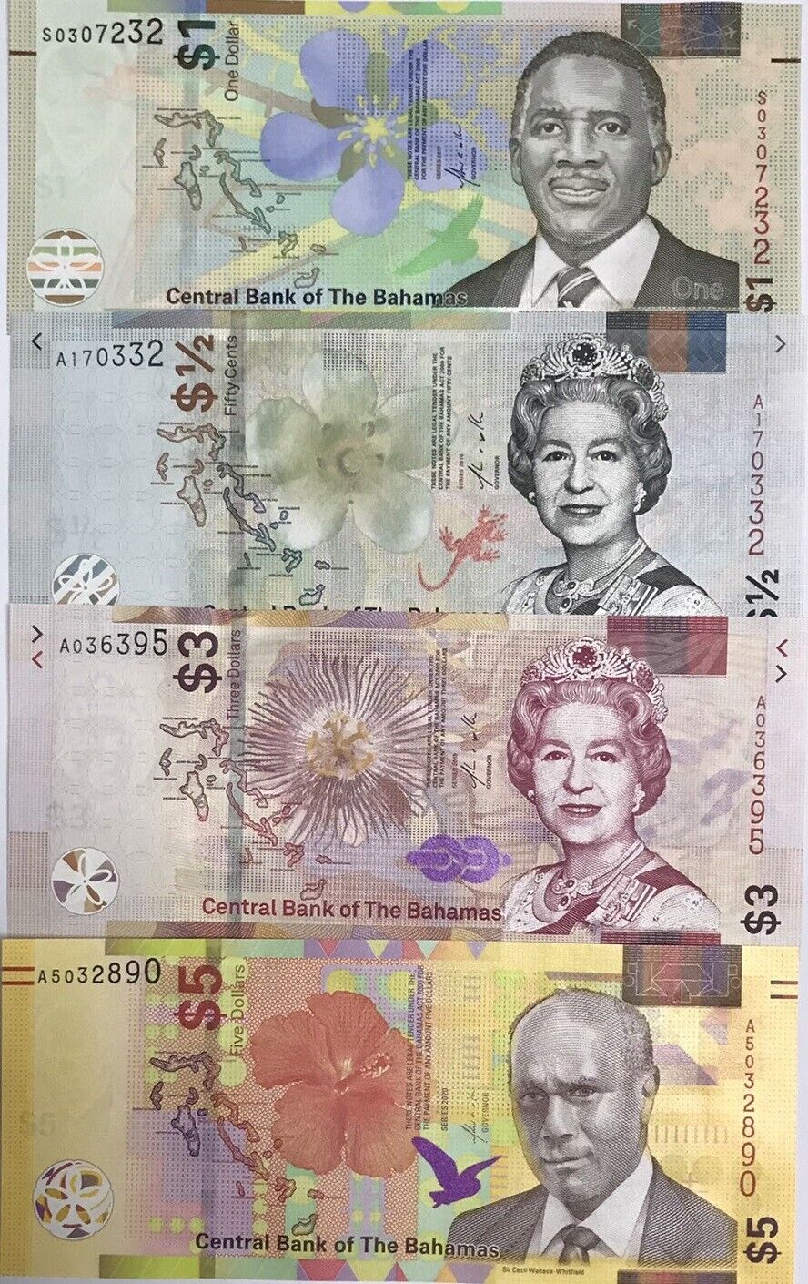 Bahamas Set 4 Pcs 1/2 1 3 5 Dollar 2017 2020 P A77 P 77 P 78 P 78A UNC