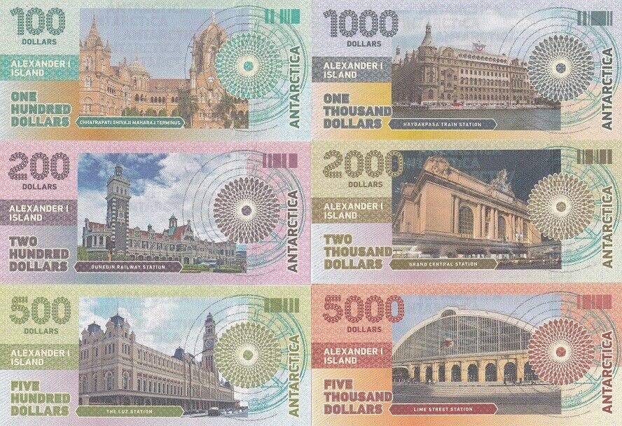 Alexander Islands Set 6 100 200 500 1000 2000 5000 Dollars 2017 Trains Fantasy