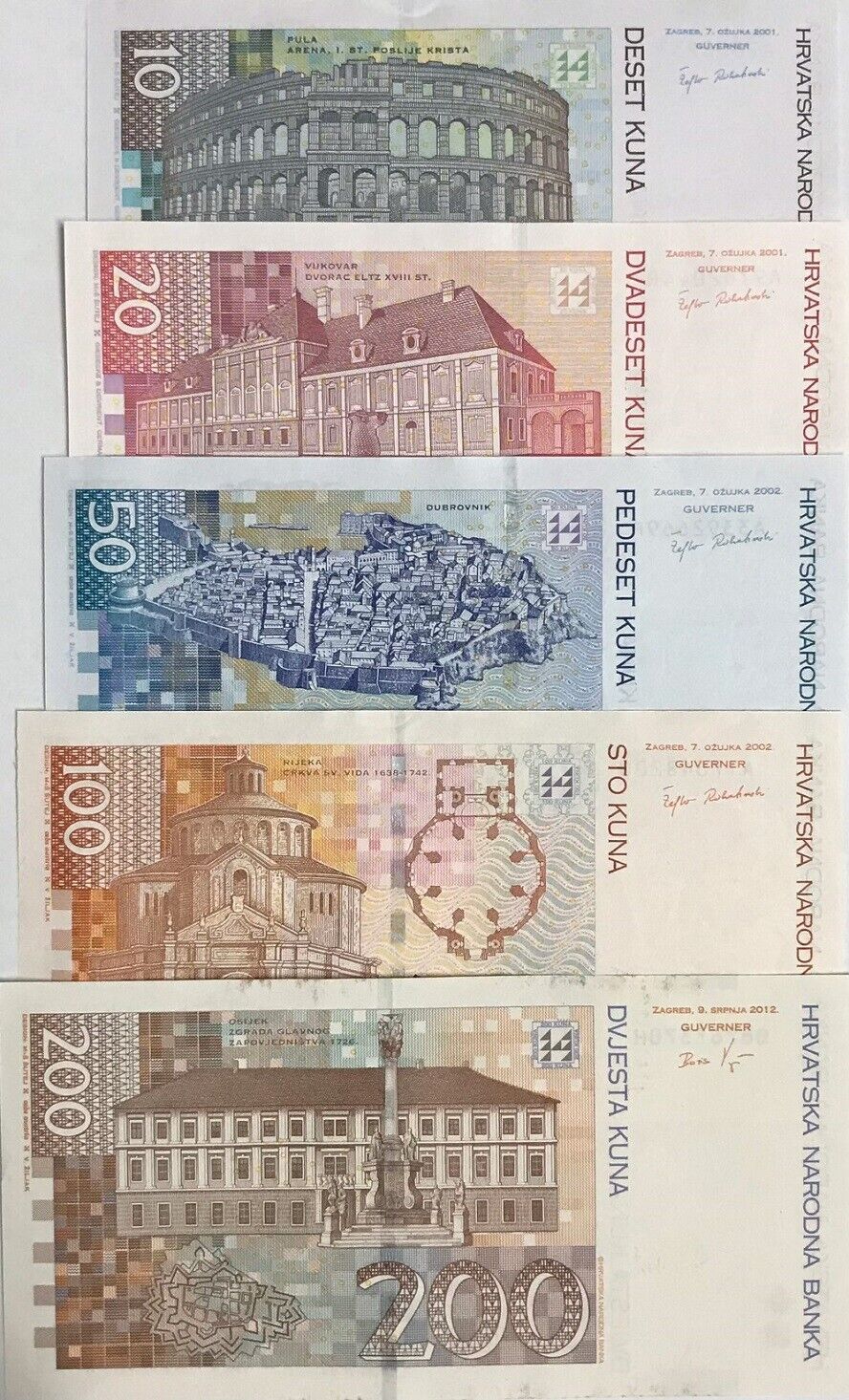 Croatia Set 5 PCS 10 20 50 100 200 Kuna 2001-2012 P 38 P 39 P 40 41 P 42 UNC