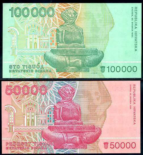 CROATIA SET 2 PCS 50,000 100,000 DINARS 1993 P 26 27 UNC