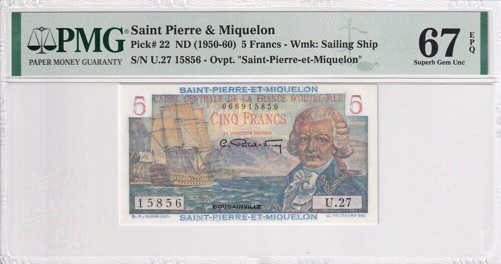 Saint Pierre & Miquelon 5 Francs ND (1950-60) P 22 Superb Gem UNC PMG 67 EPQ