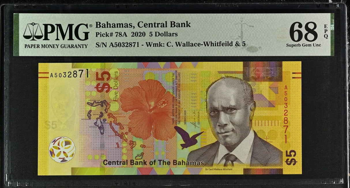 Bahamas 5 Dollars 2020 P 78A Superb Gem UNC PMG 68 EPQ