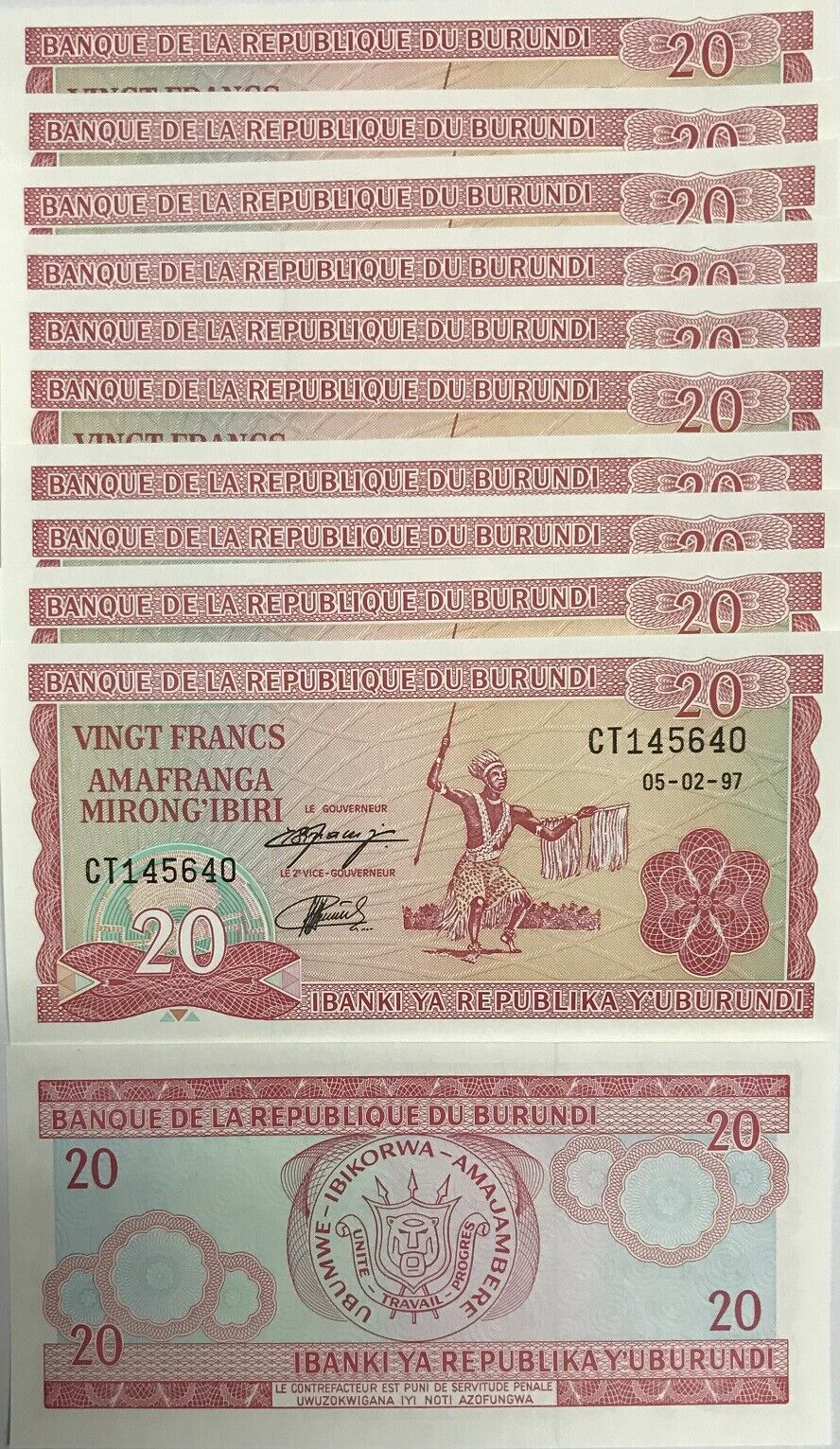 Burundi 20 Francs 1997 P 27 d UNC LOT 10 PCS