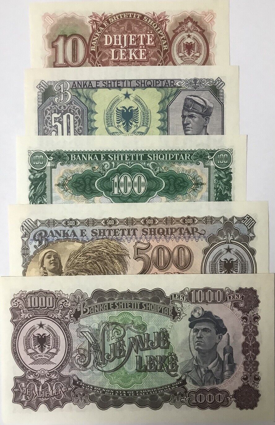 Albania Set 5 Pcs 10 50 100 500 1000 Leke 1957 P 28 29 30 31 32 UNC