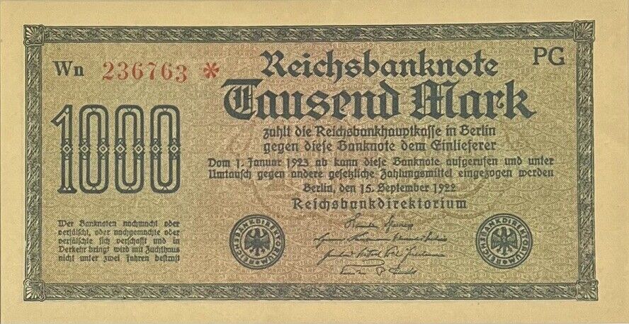 Germany 1000 Mark 1922 P 76 d Aunc