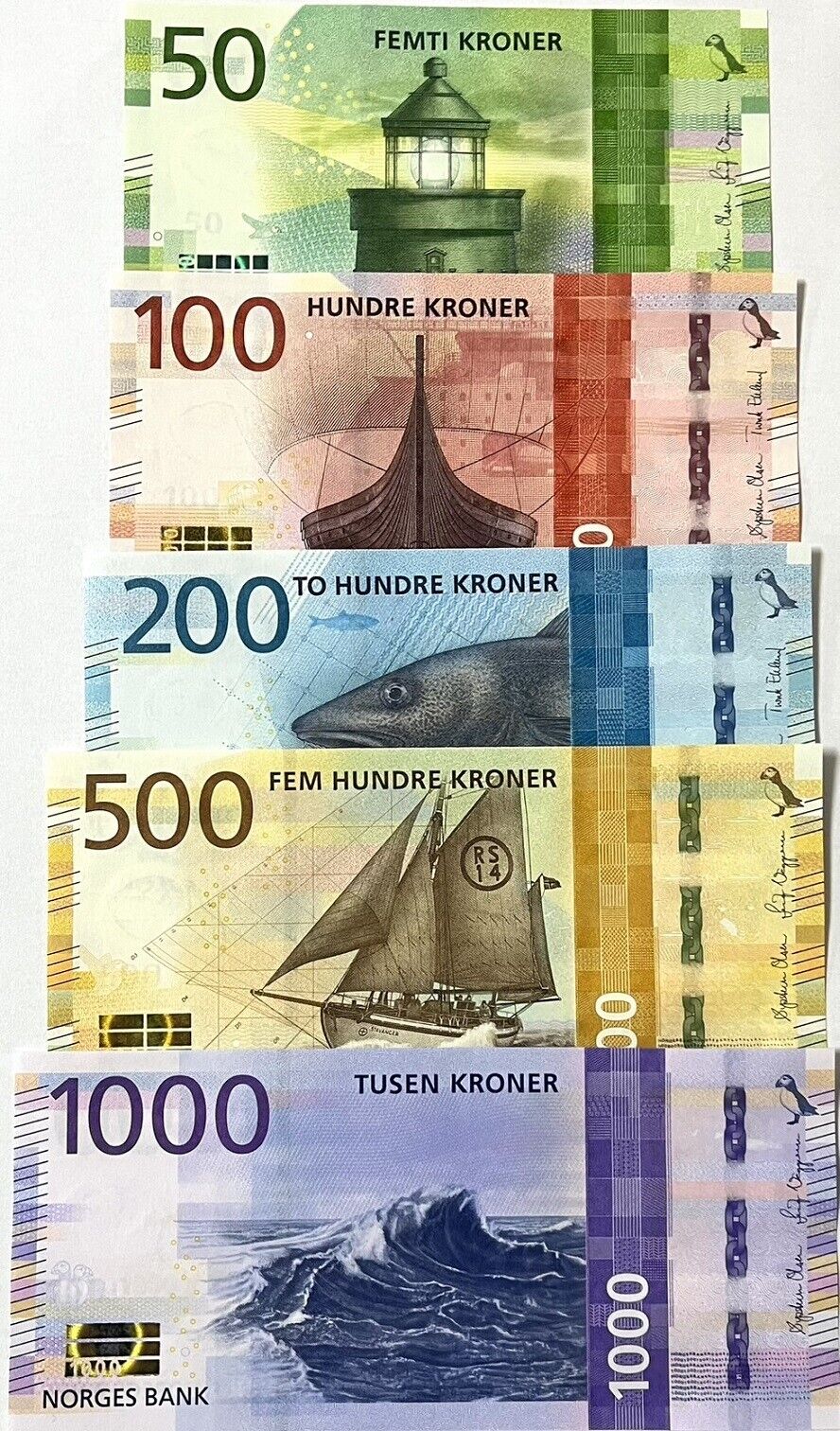 Norway SET 5 UNC 50 100 200 500 1000 Kroner 2016-2019 P 53 54 55 56 57