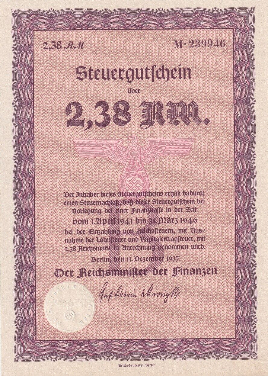 Germany 2.38 Reichsmark RM 1941-1946 Bond Steuergutfchein Big Size UNC