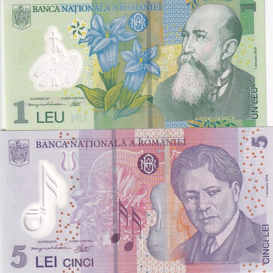 Romania Set 2 PCS 1 5 Lei 2018-2023 P 117 118 Polymer UNC
