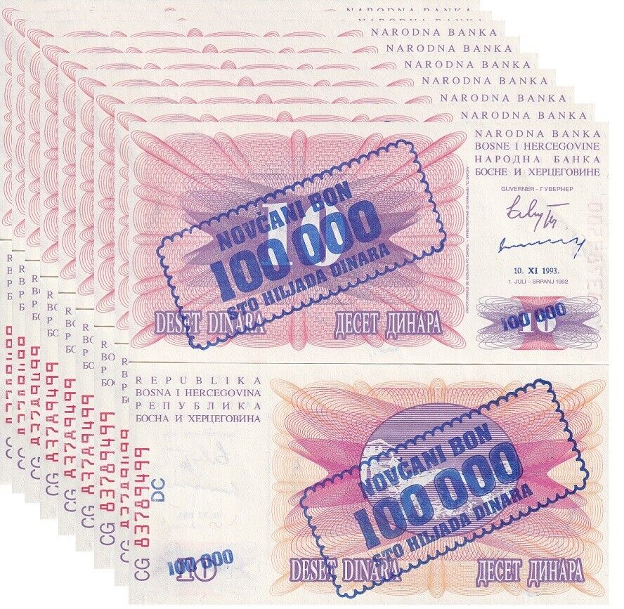 Bosnia 100000 on 10 Dinara 1993 (1992) P 34 b UNC LOT 10 PCS