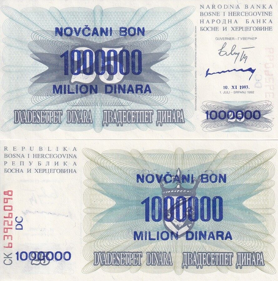 Bosnia 1 Million Dinara on 25 Dinara 1993 P 35 b UNC LOT 10 PCS