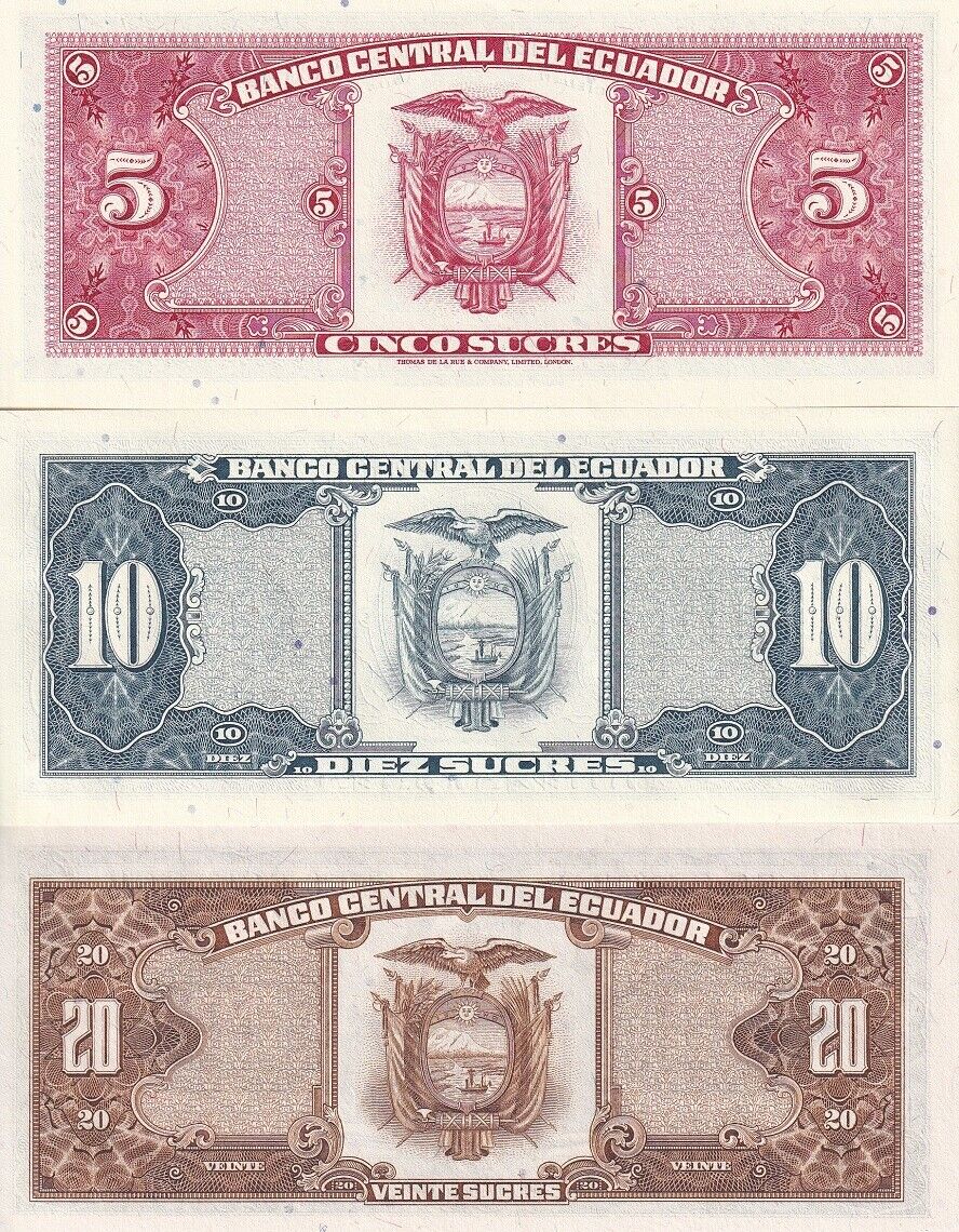 Ecuador Set 3 Pcs 5 10 20 Sucres 1986 - 1998 P 113d P 121 P 121A UNC