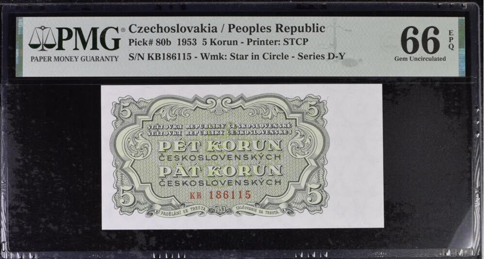 Czechoslovakia 5 Korun 1953 P 80 b Gem UNC PMG 66 EPQ