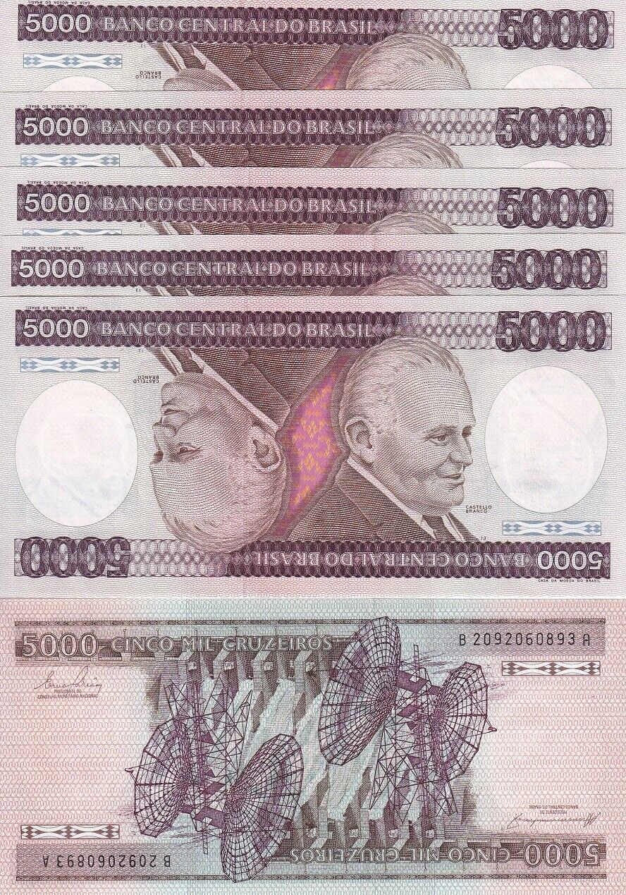 Brazil 5000 Cruzeiros ND 1984 P 202 c UNC LOT 5 PCS