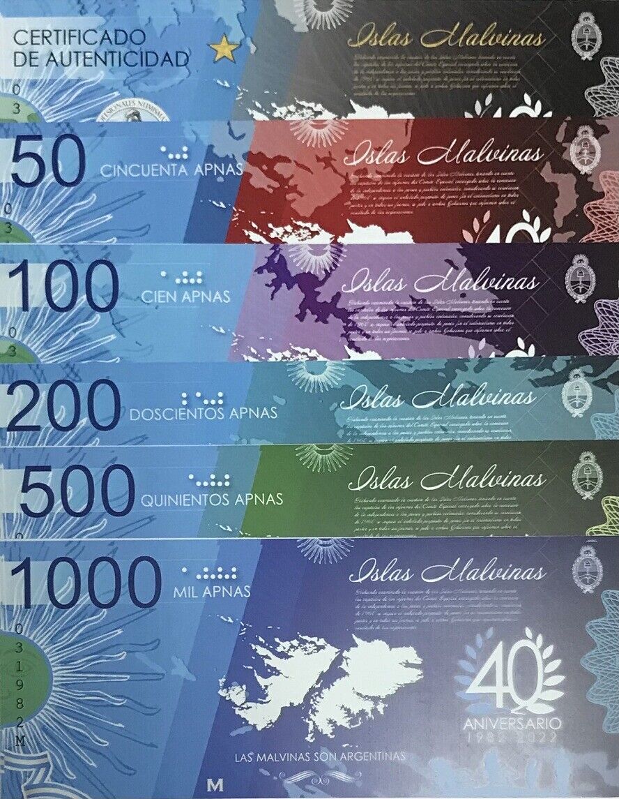Islas Makvubas Set 6 pcs 50 100 200 500 1000 CERTIFICATE 40TH 1982-2022