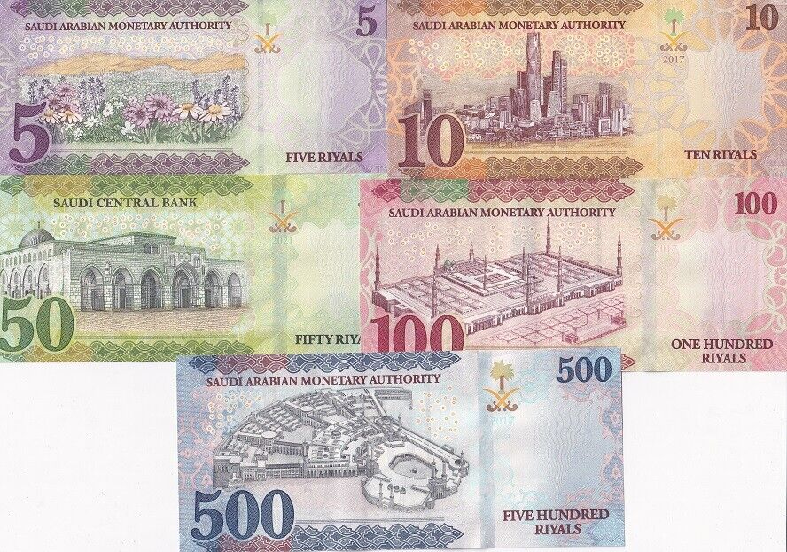 Saudi Arabia Set 5 PCS 5 10 50 100 500 Riyals 2017 - 2021 P 38 39 41 42 P 48 UNC