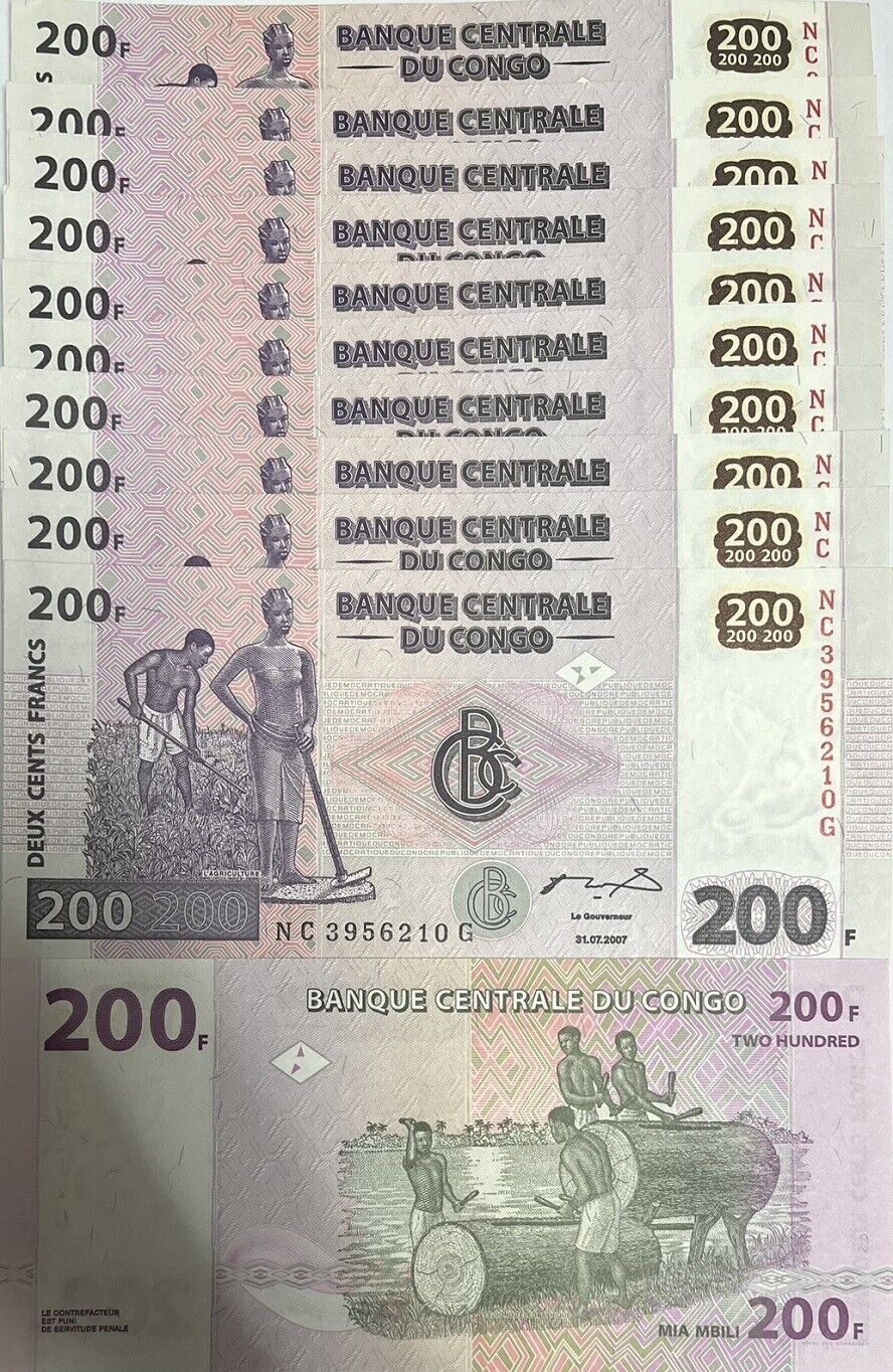 Congo 200 Francs 2007 P 99 UNC LOT 10 PCS