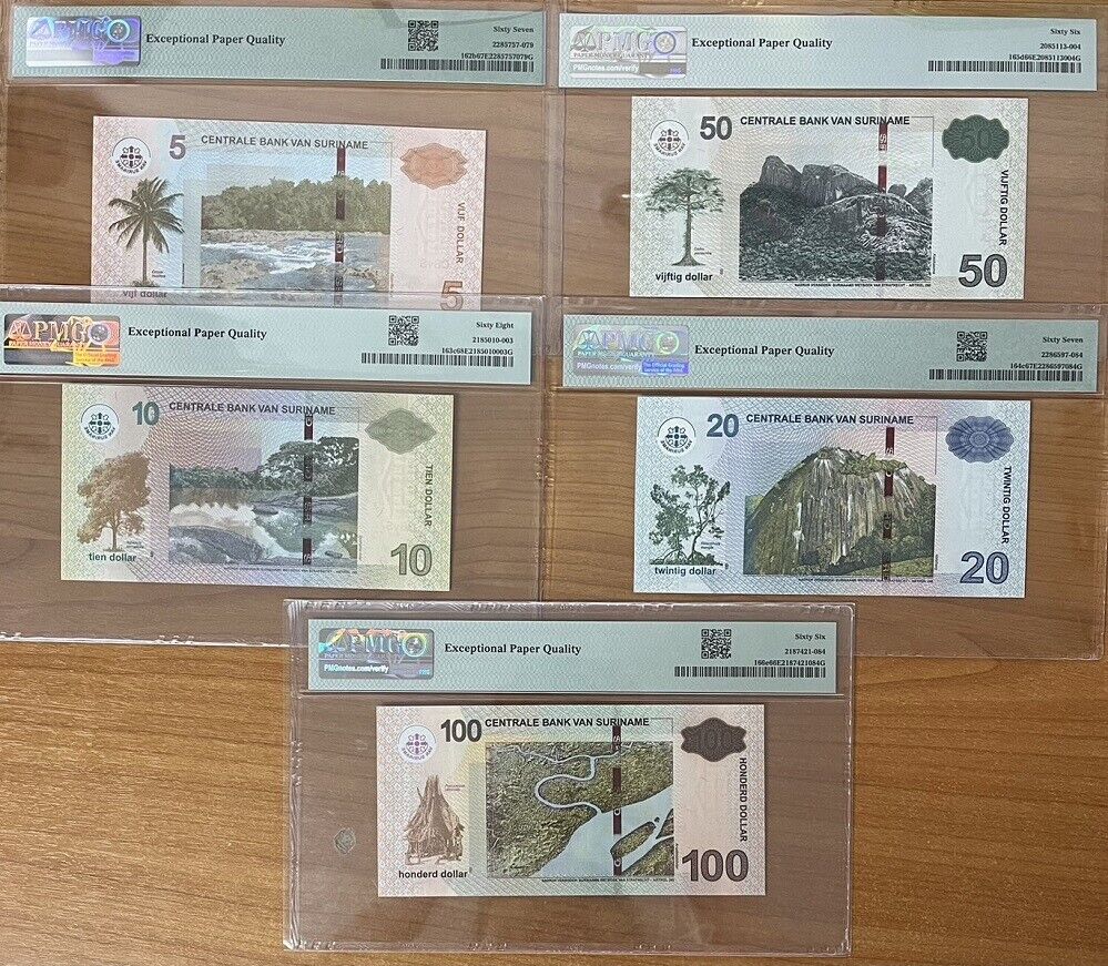 Suriname Set 5; 5 10 20-100 D. 2012-20 P162- 166 Superb Gem UNC PMG 66 67 68 EPQ