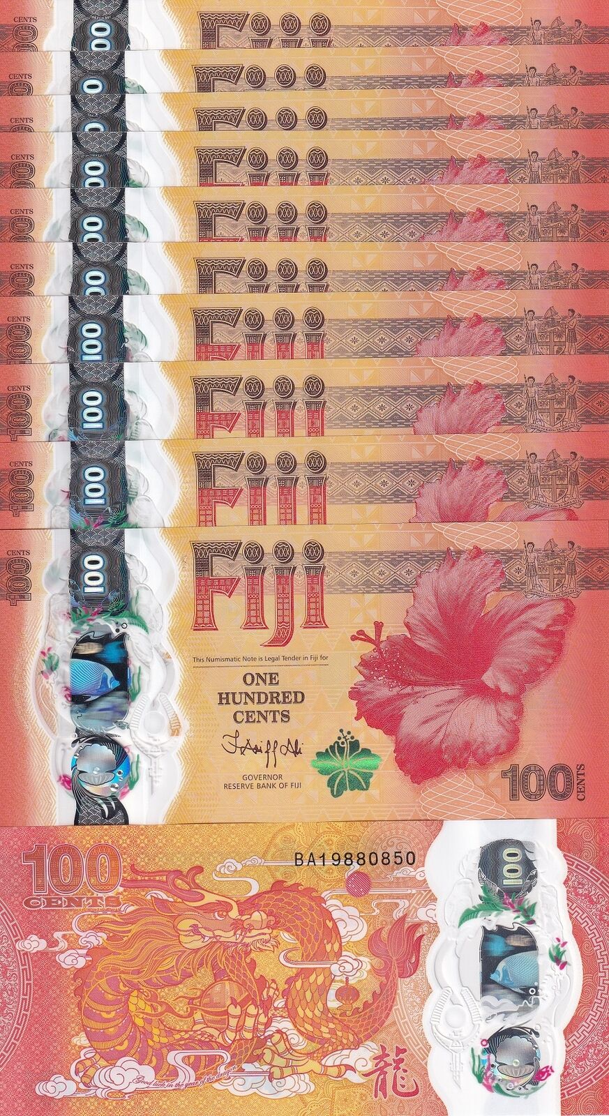 Fiji 100 Cents 2023 Commemorative Dragon P 124 new Polymer LOT 10 UNC