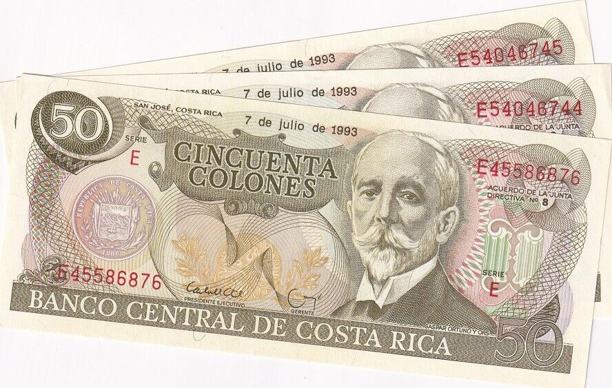 COSTA RICA 50 COLONES 1993 P 257 UNC LOT 3 PCS