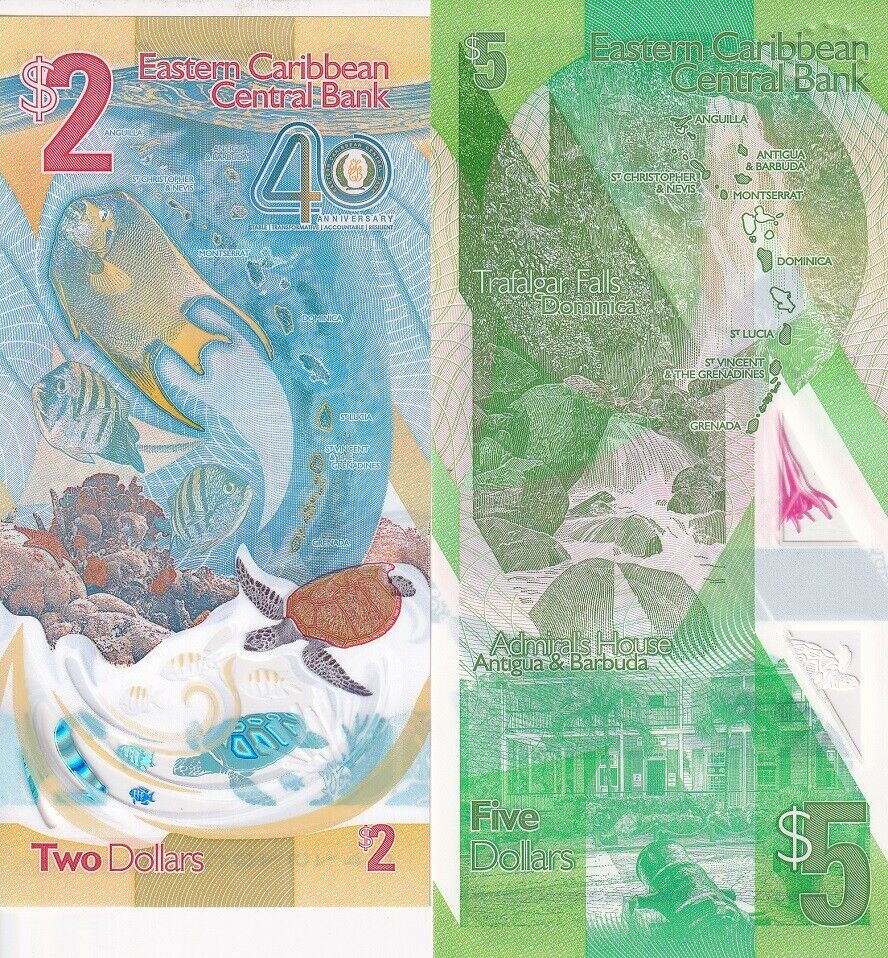 East Caribbean Set 2 PCS 2 5 Dollars 2021-2023 2024 P 55Aa P 61 COMM. UNC