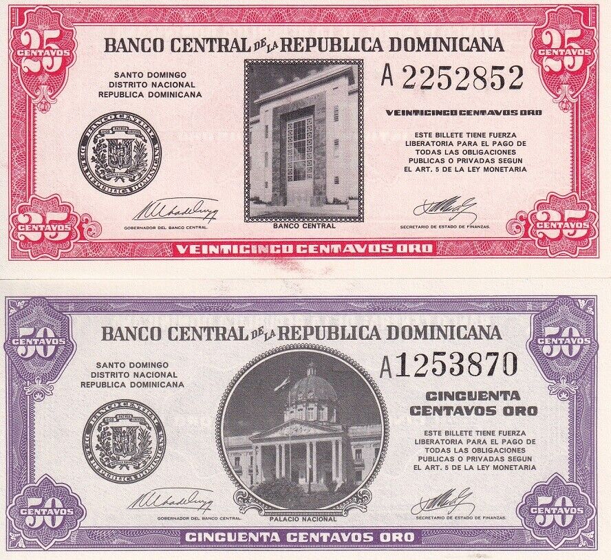 Dominican Republic Set 2 PCS 25 50 Centavos Oro ND 1961 P 87 P 89 UNC