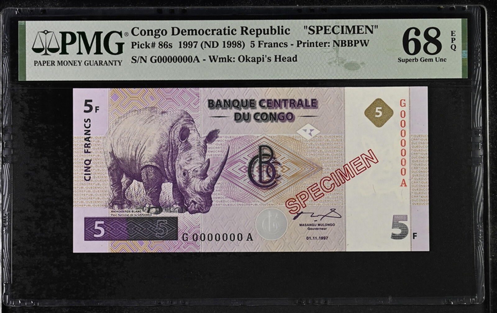 Congo 5 Francs 1997 ND 1998 P 86 s SPECIMEN Superb Gem UNC PMG 68 EPQ –  Noteshobby