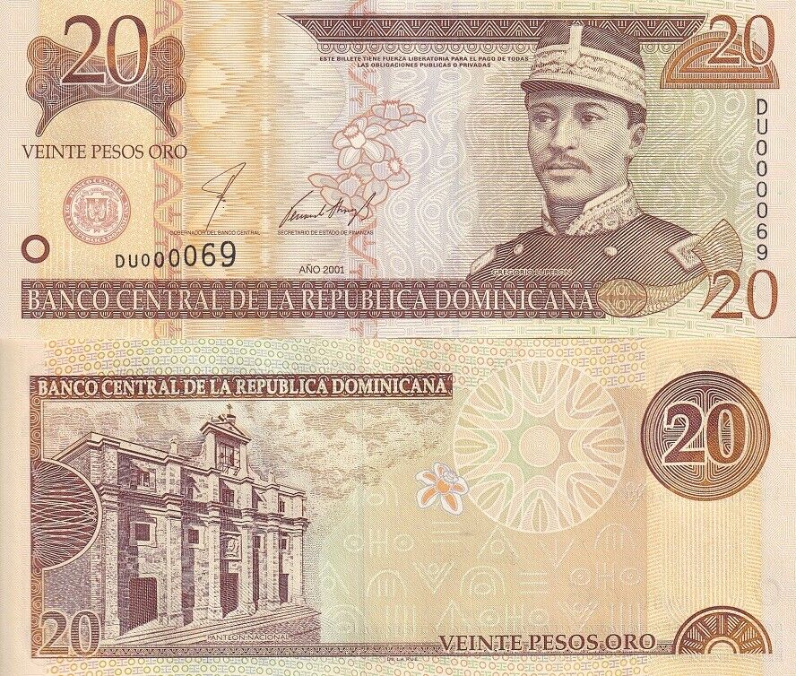 Dominican Republic 20 Pesos 2001 Low serial # 2 Digit P 169 a UNC