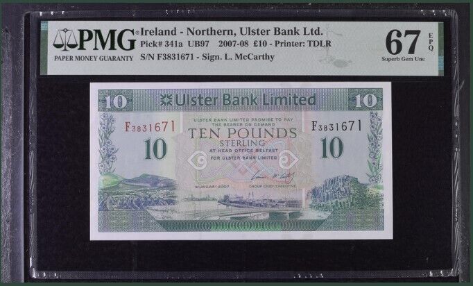 Northern Ireland 10 Pounds 2007-08 P 341 a Superb Gem UNC PMG 67 EPQ