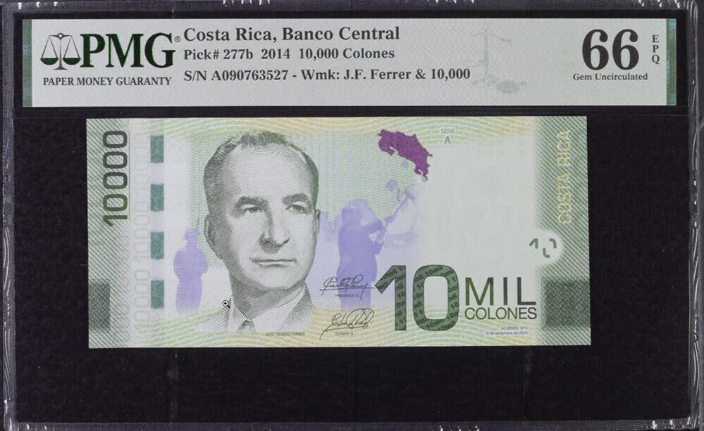 Costa Rica 10000 Colones 2014 P 277 b Gem UNC PMG 66 EPQ